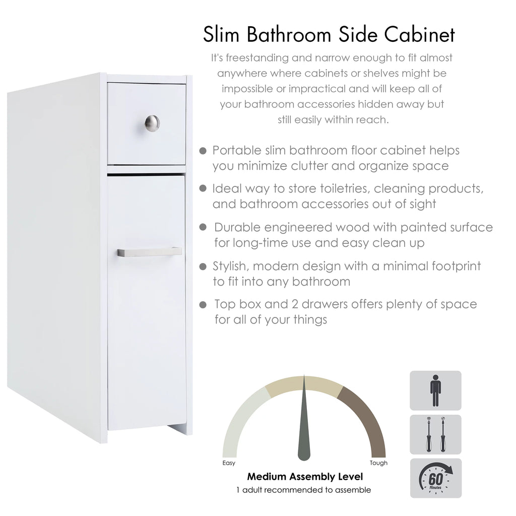 Slim White Bathroom Storage Cabinet with Slide Out Drawer W86925