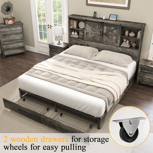 King Size Wood Platform Bed Frame with Bookcase Headboard and 2 Drawers F362