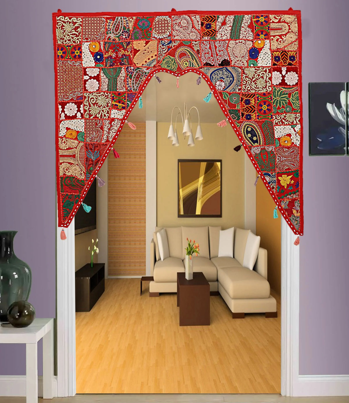Indian Cotton Embroidered Patch Work Floral Swag Curtain Topper, 45 x 41 Inches O6834
