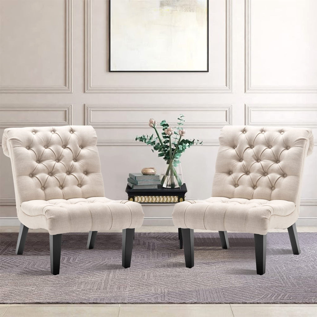 Cream Linen Tufted Accent Chair with Wood Legs G35948