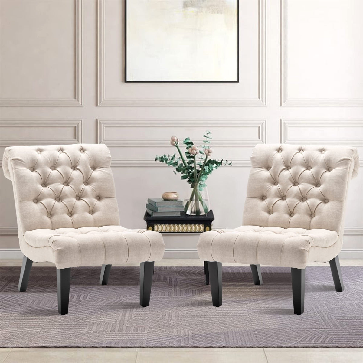 Cream Linen Tufted Accent Chair with Wood Legs G35948