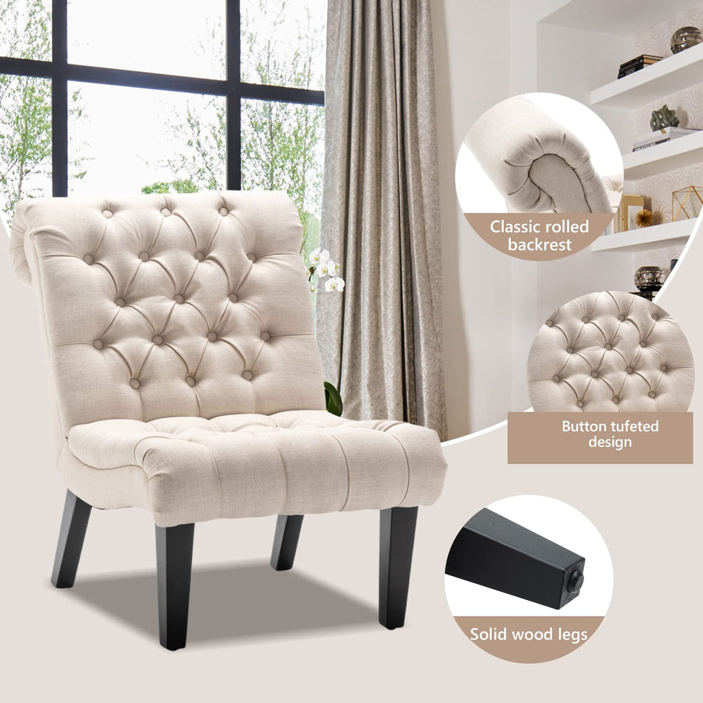 Cream Linen Tufted Accent Chair with Wood Legs G35948