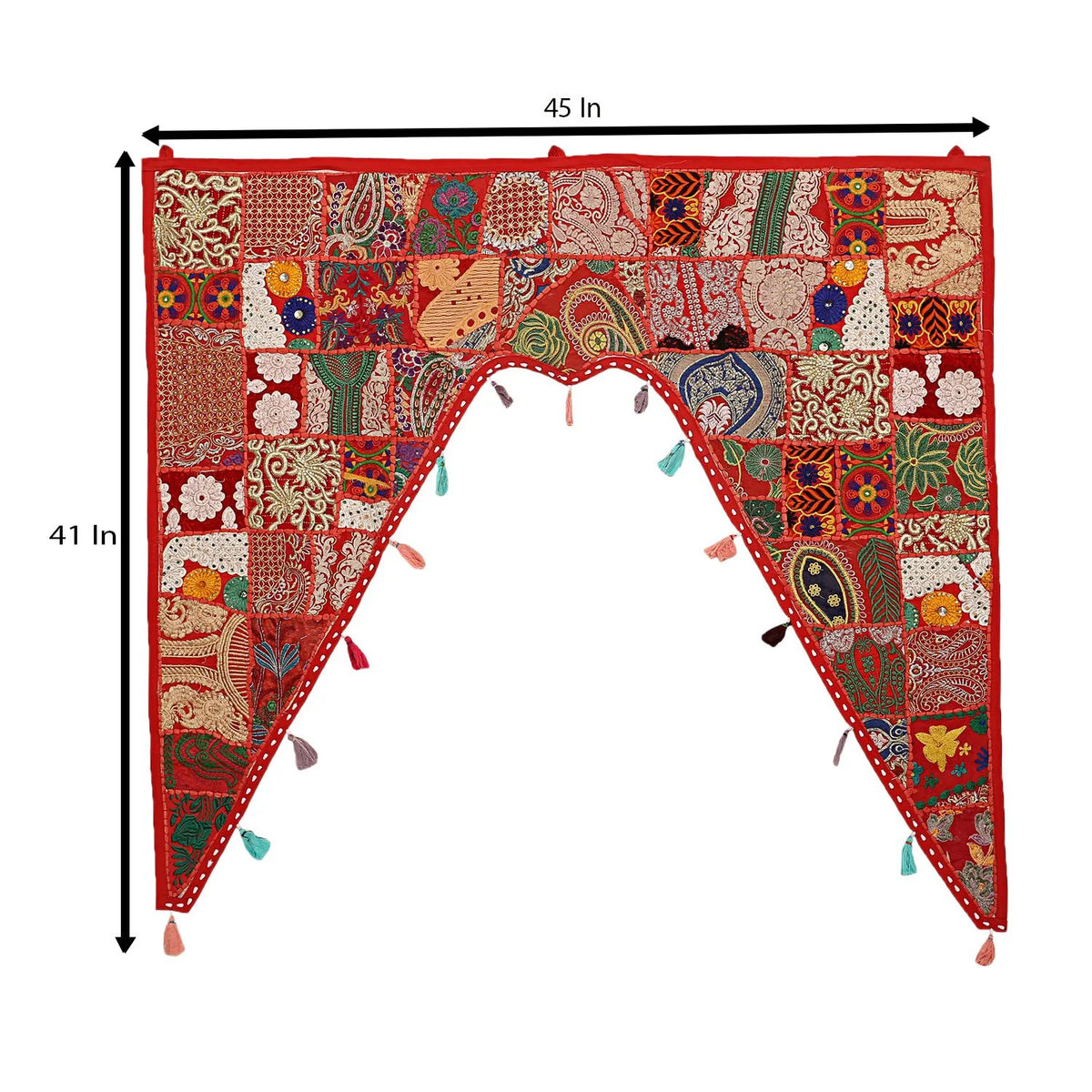 Indian Cotton Embroidered Patch Work Floral Swag Curtain Topper, 45 x 41 Inches O6834