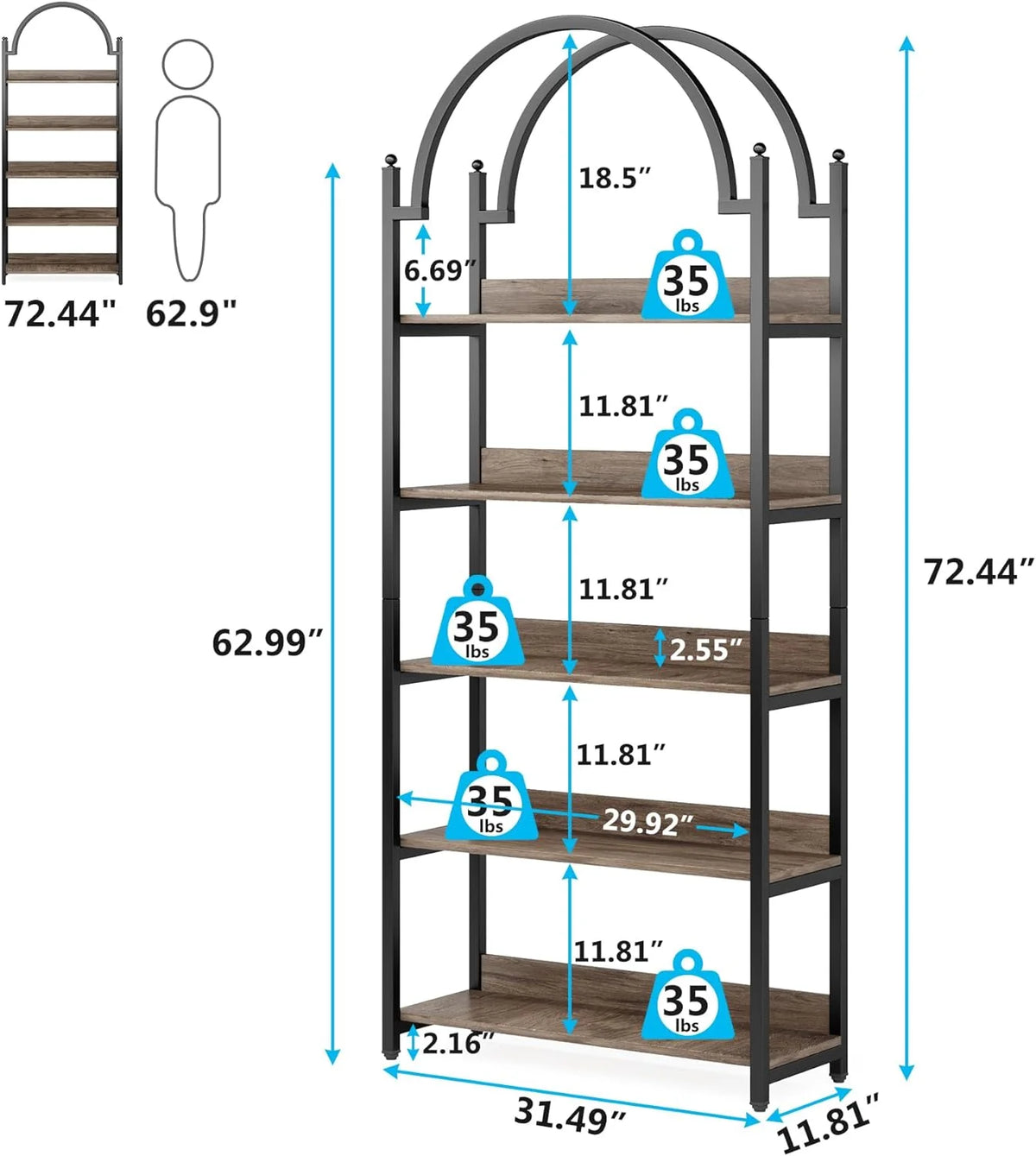 72.4 inch Tall 5 Tier Arched Bookshelf A2458