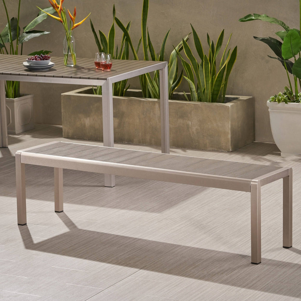 Gray Aluminum Dining Bench with Faux Wood Seat Q991