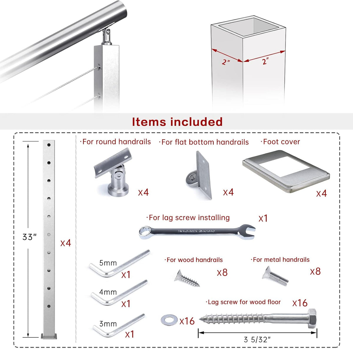 4 Pack Stainless Steel Cable Railing Post I7211
