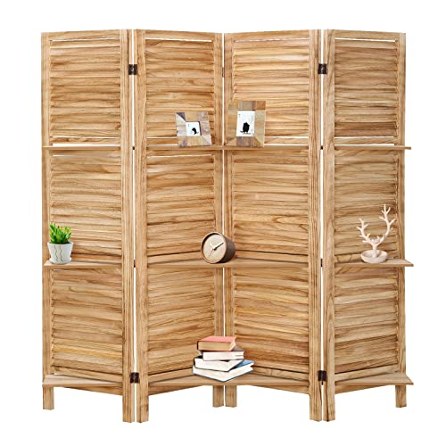 4 Panel Wooden Room Divider with Shelves (Deep Brown) T594300