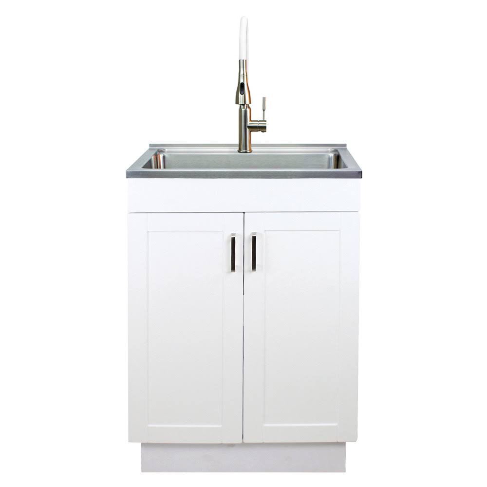 White 24-in Laundry Cabinet Sink with Stainless Steel Faucet and Basket E58064