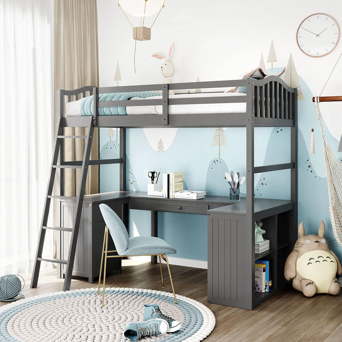 Twin Size Solid Wood Loft Bed with Desk and Storage Shelves J84524