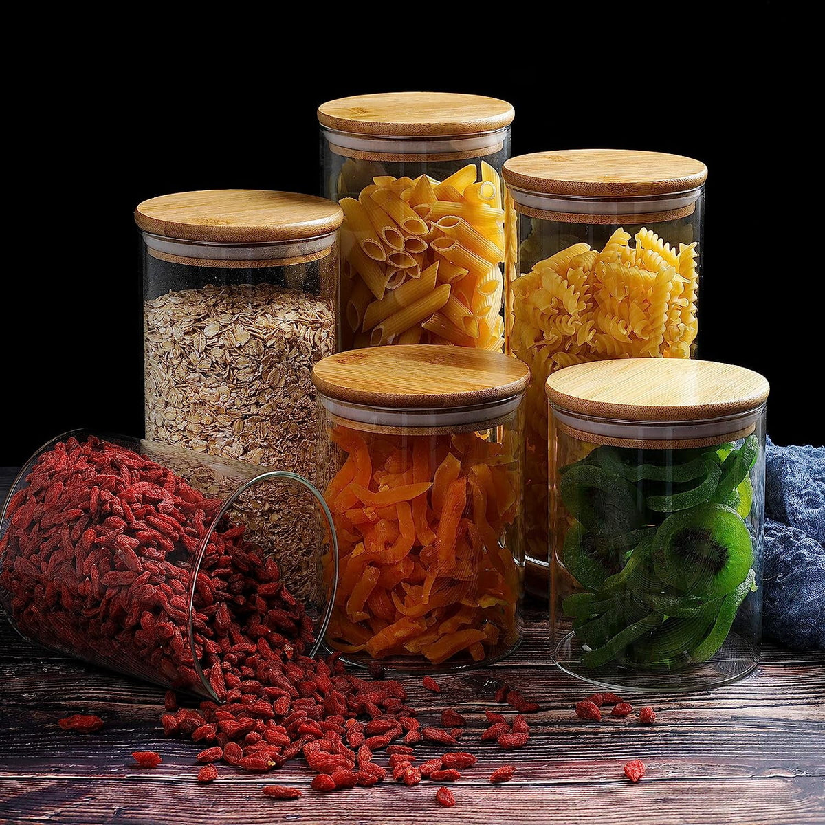 Set of 6 Airtight Borosilicate Glass Storage Jars with Bamboo Lids, 2 Sizes A592178