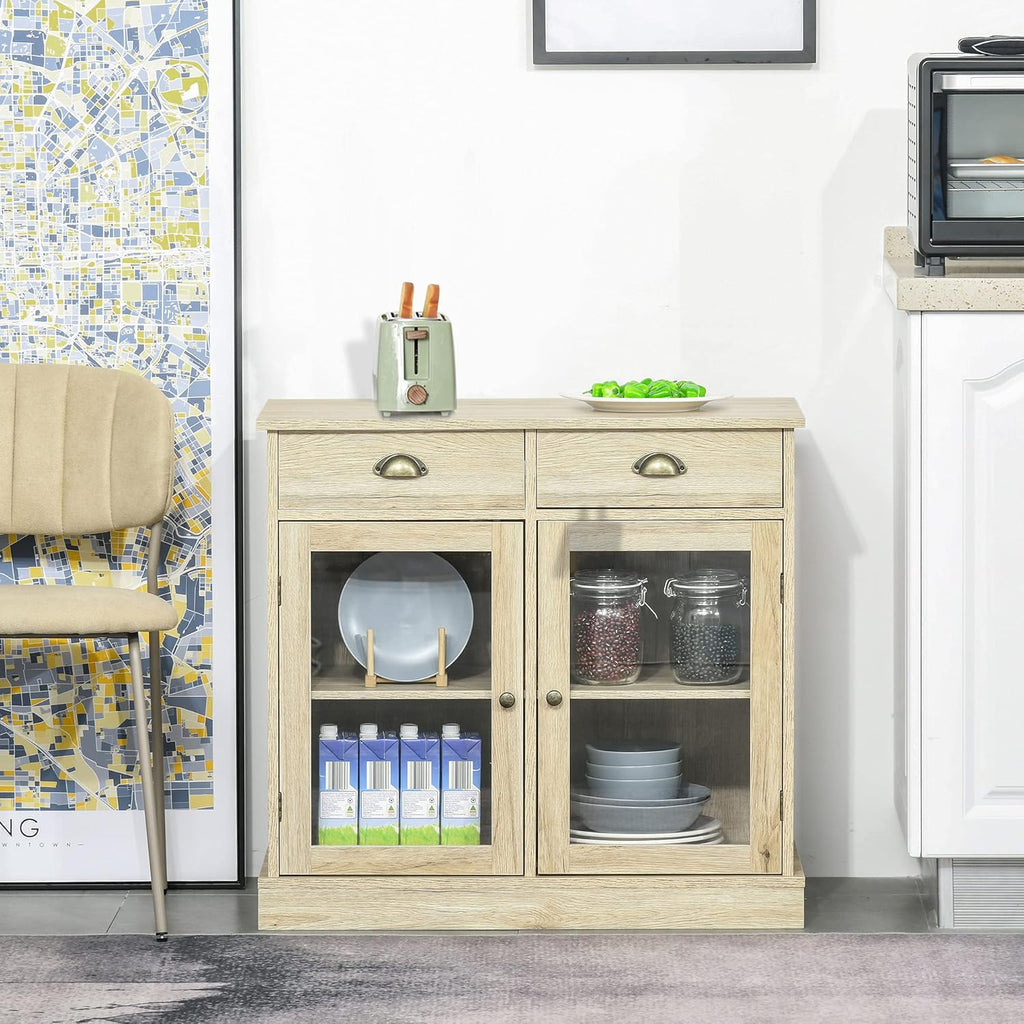 Rustic Oak Sideboard Storage Cabinet with 2 Glass Doors and 2 Drawers T737