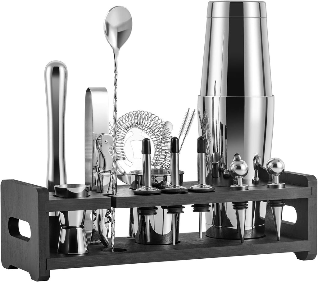 24-Piece Stainless Steel Cocktail Shaker Set with Stand and Velvet Carry Bag O836