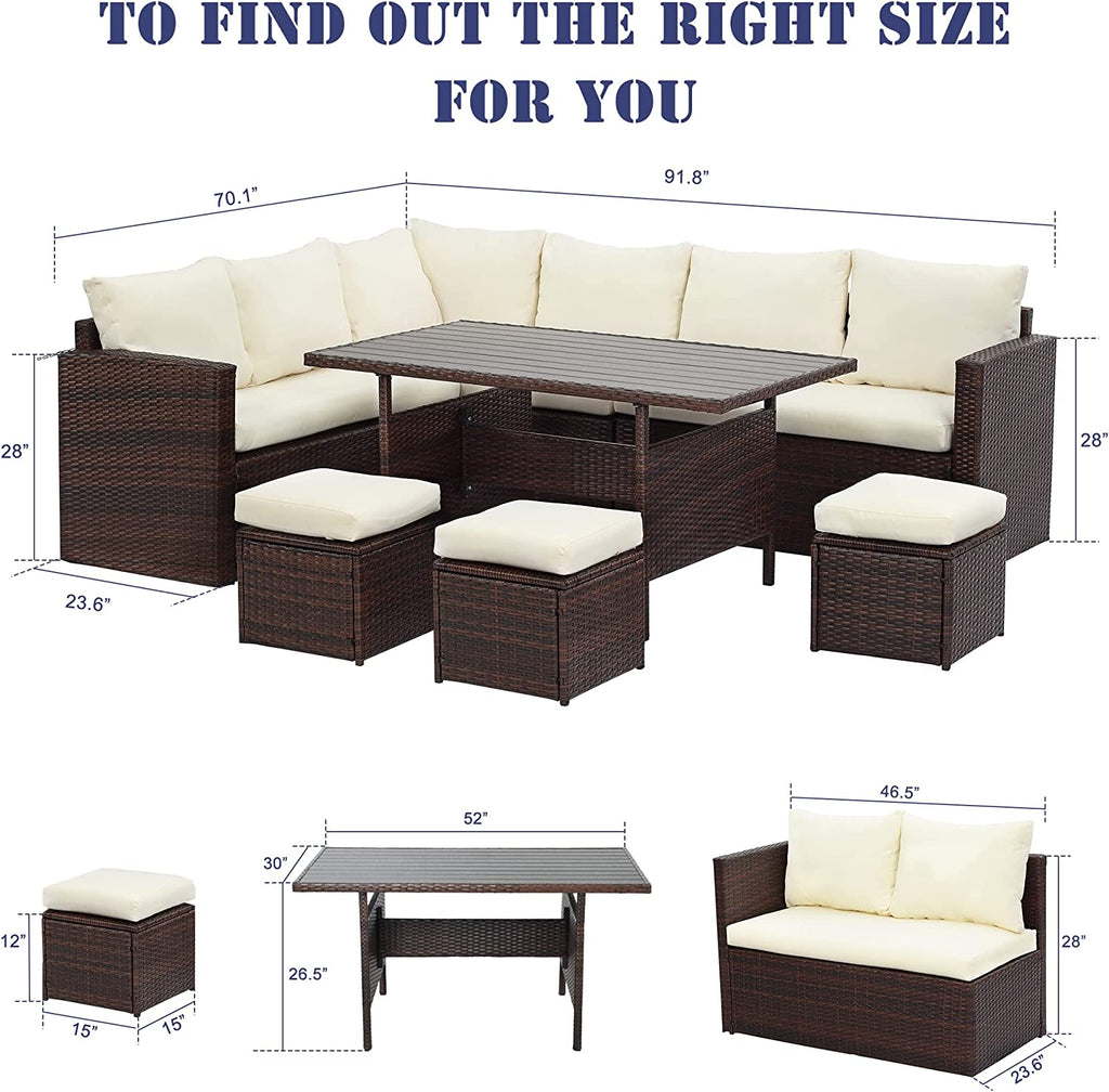 Ivory 7 Piece Outdoor Wicker Dining Sectional Sofa with Ottoman U905310