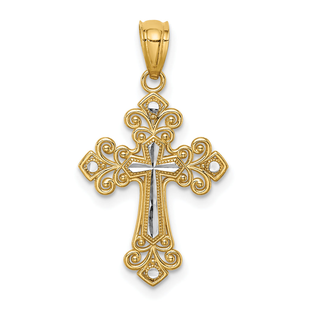 14K Two-Tone Gold Rhodium Plated Diamond Cut Cross Pendant With 14K Yellow Gold Rope Chain 20" C202588