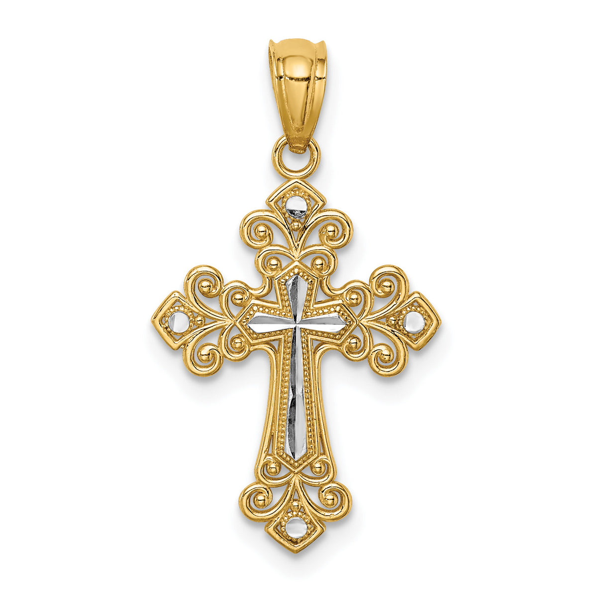 14K Two-Tone Gold Rhodium Plated Diamond Cut Cross Pendant With 14K Yellow Gold Rope Chain 20" C202588