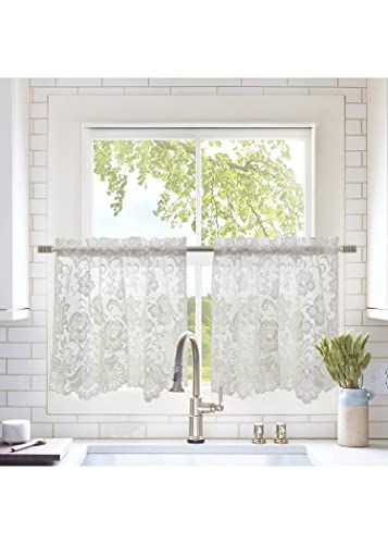 Ivory Embroidered Floral Lace Window Curtain Swag Pair 72" x 32" D561210