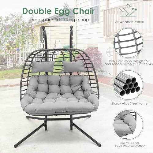 Double Egg Swing Chair with Stand, Hand Made Rattan Wicker, Metal Frame D7907