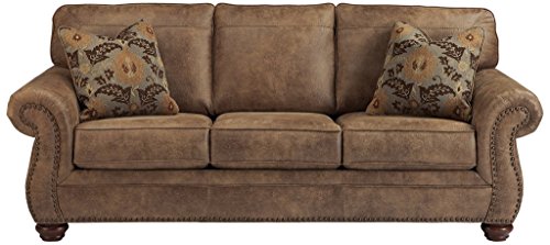 Gray Faux Leather Sofa with Nailhead Trim and 4 Accent Pillows P991