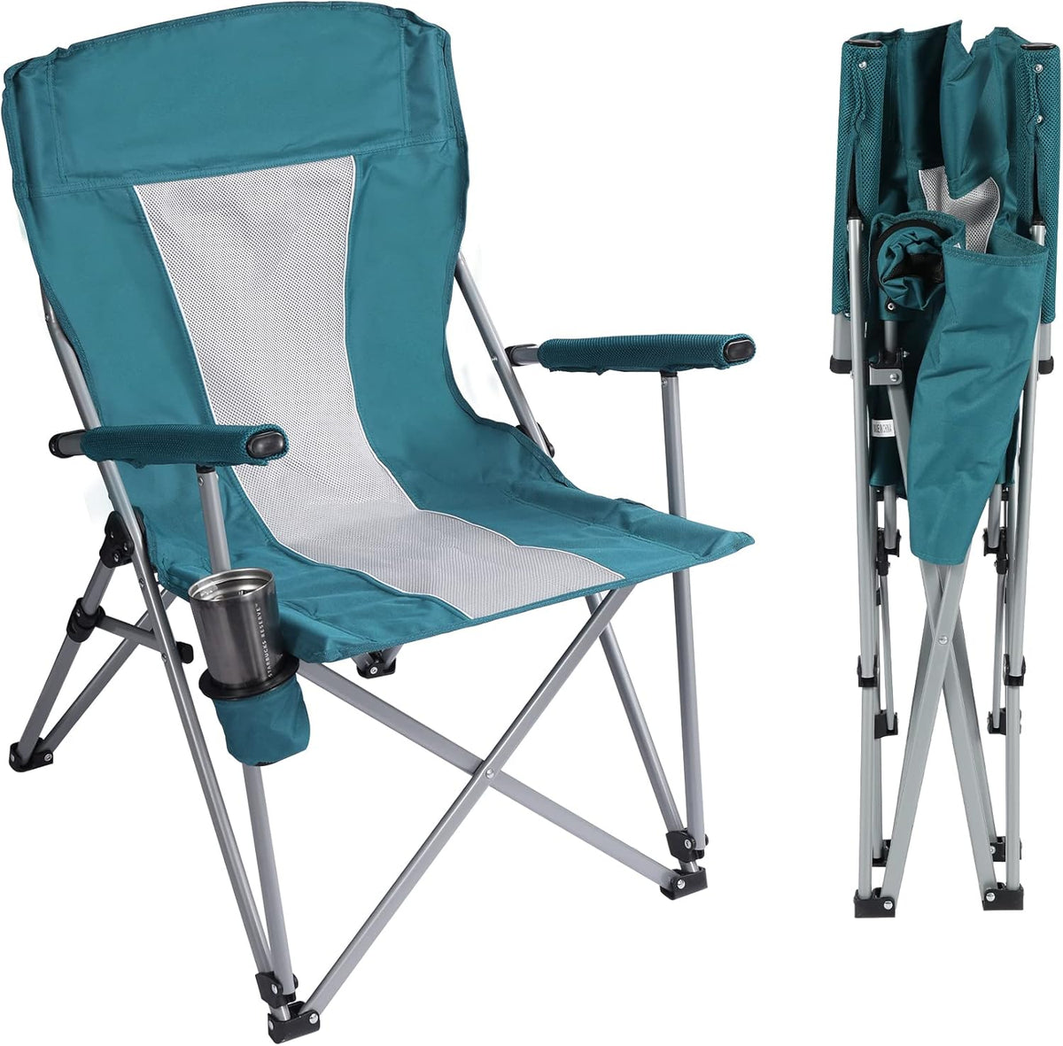 Oversized Folding Camping Chairs with Hard Armrests and Cup Holder O89811