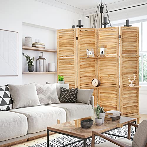 4 Panel Wooden Room Divider with Shelves (Deep Brown) T594300