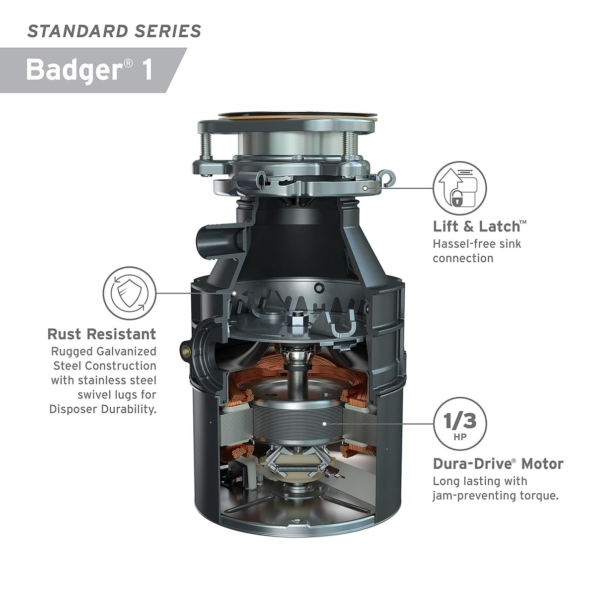 Black 1/3 HP Continuous Feed Garbage Disposal, Black 1/2 HP Continuous Feed Garbage Disposal G8052