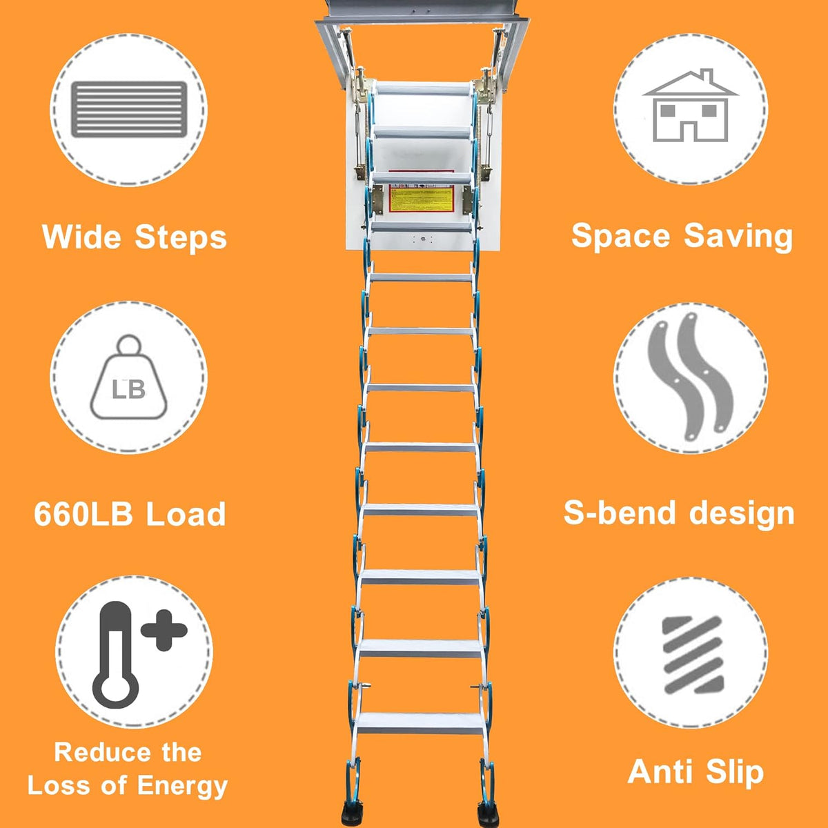 Attic Ladder 12 Steps Pull Down Folding Extension Loft Stair, Carbon Steel, 31.5 x 35.4 Inch, 9.8ft Height S63713