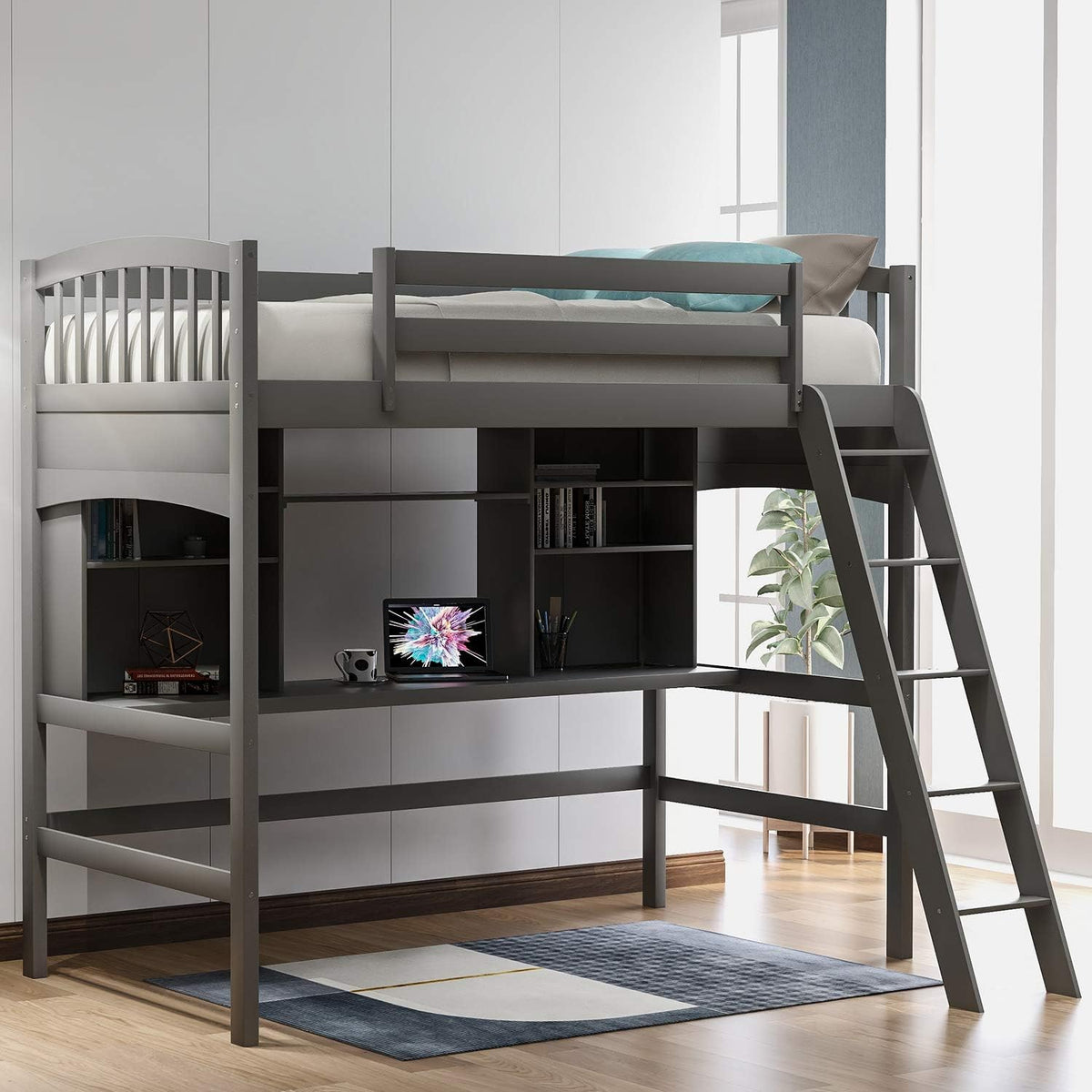 Twin Size Solid Wood Loft Bed with Desk and Storage Shelves J84524
