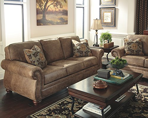Gray Faux Leather Sofa with Nailhead Trim and 4 Accent Pillows P991