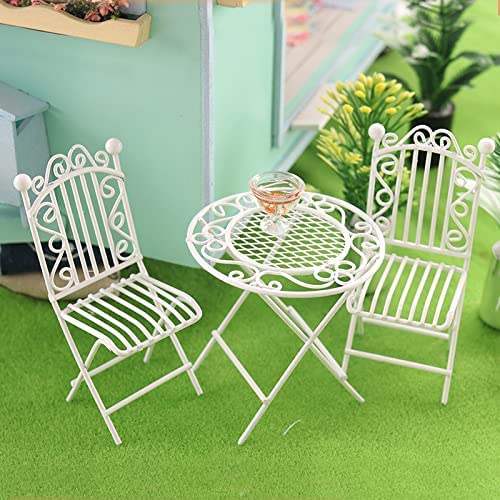 Miniature Bistro Table & Chairs Set Metal 1:12 Scale White Furniture Q27222