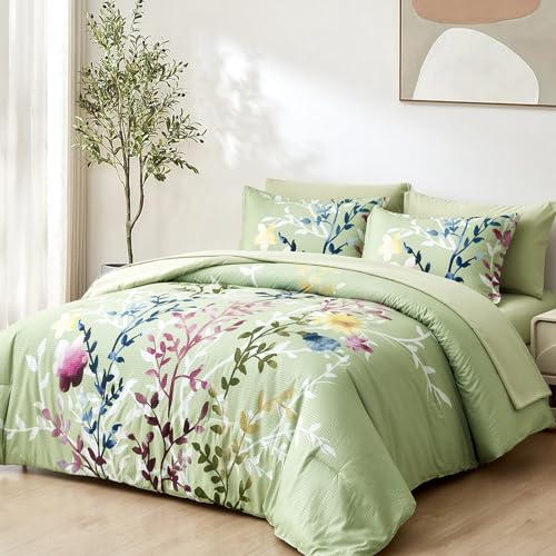 Sage Green King Floral Comforter Set with Sheets and Pillowcases R339