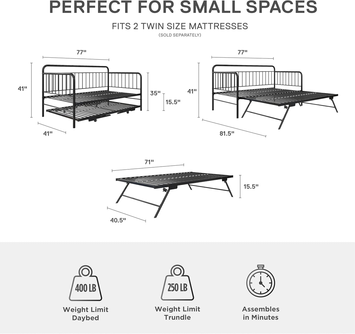 Black Metal Twin Daybed with Pop Up Trundle Bed B2797