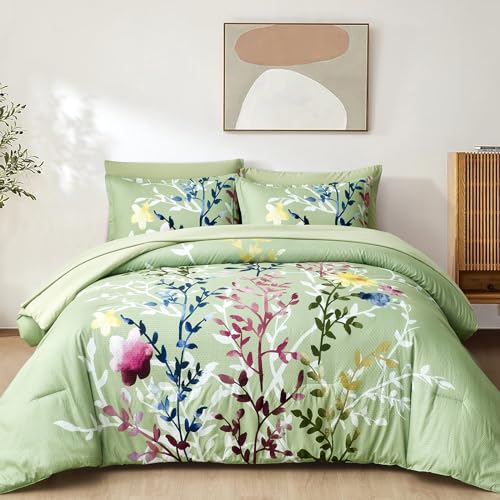 Sage Green King Floral Comforter Set with Sheets and Pillowcases R339