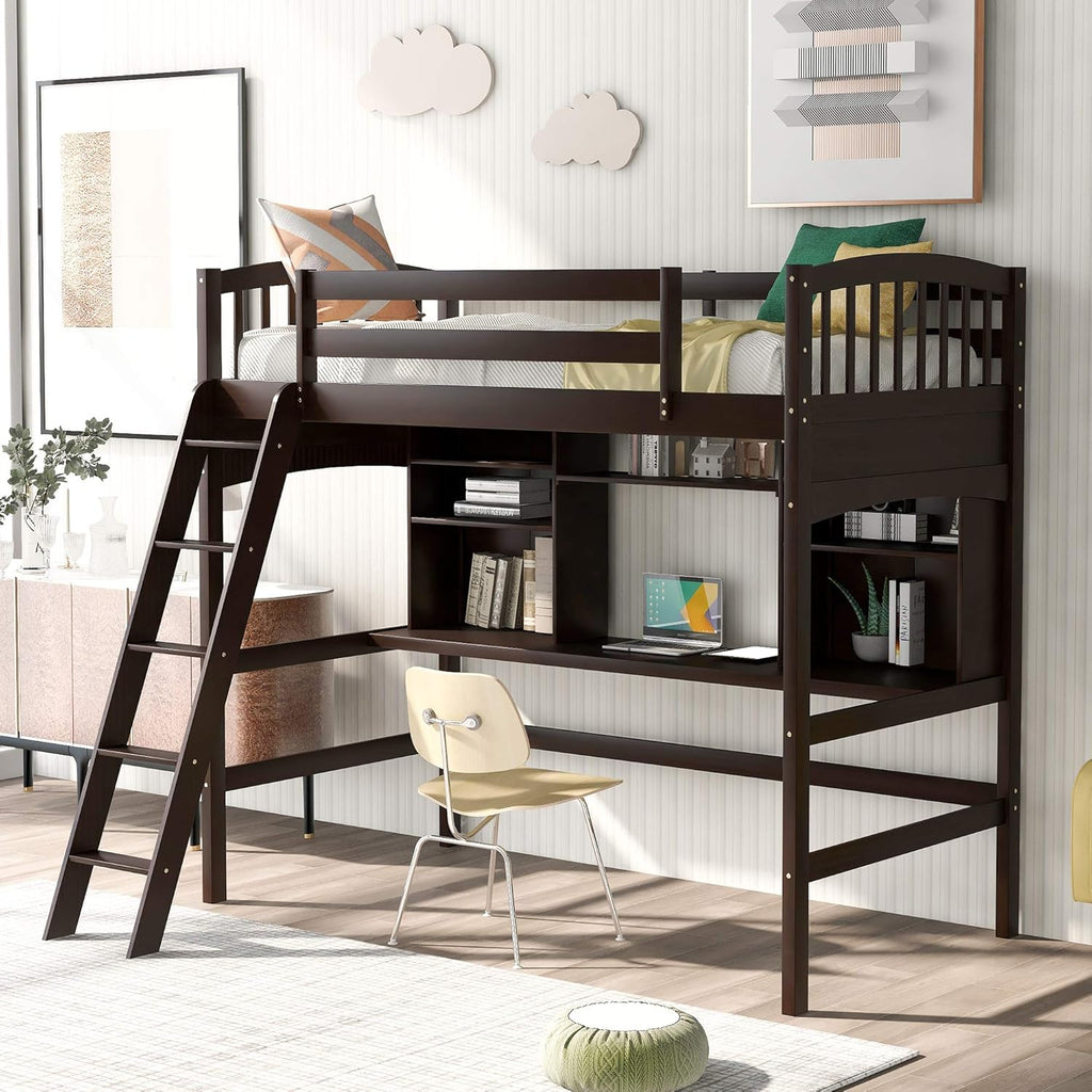 Twin Size Solid Wood Loft Bed with Desk and Storage Shelves J84524