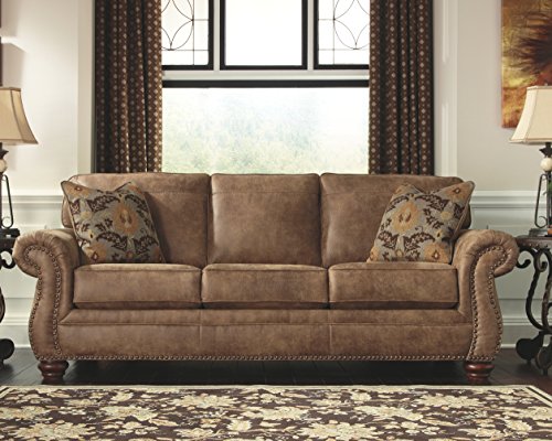 Gray Faux Leather Sofa with Nailhead Trim and 4 Accent Pillows P991