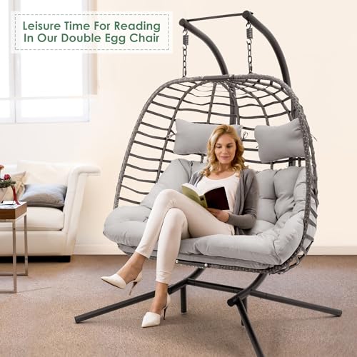 Double Egg Swing Chair with Stand, Hand Made Rattan Wicker, Metal Frame D7907