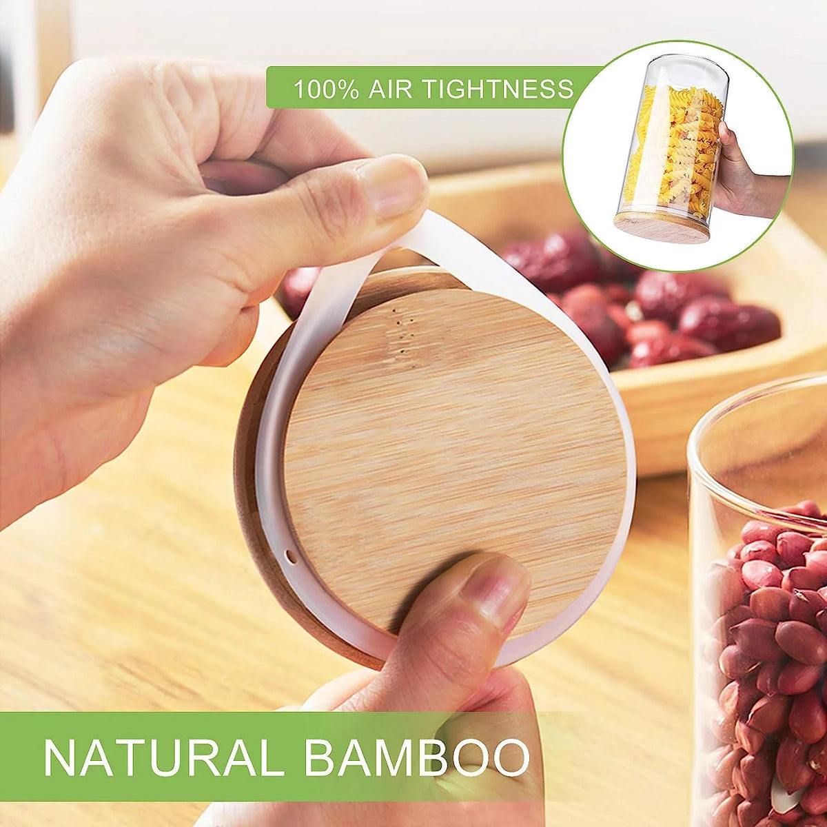 Set of 6 Airtight Borosilicate Glass Storage Jars with Bamboo Lids, 2 Sizes A592178