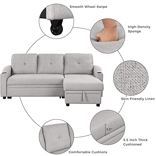 80.3" Linen Fabric 3 Seater Sofa Bed with Storage Chaise B9877