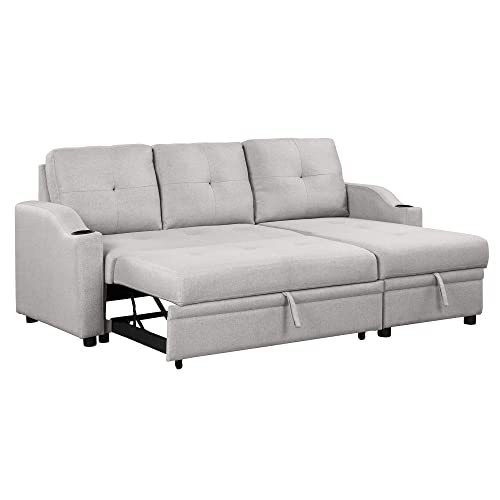 80.3" Linen Fabric 3 Seater Sofa Bed with Storage Chaise B9877