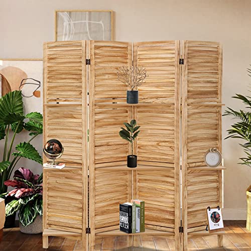 4 Panel Wooden Room Divider with Shelves (Deep Brown) T594300