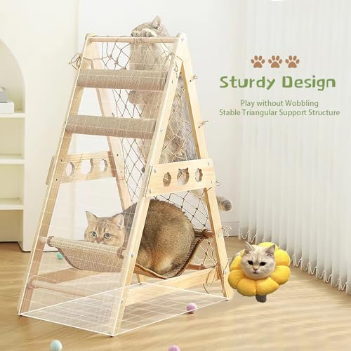 Cat Tower with Hammock Sisal Ball Solid Wood Cat Tree W8825