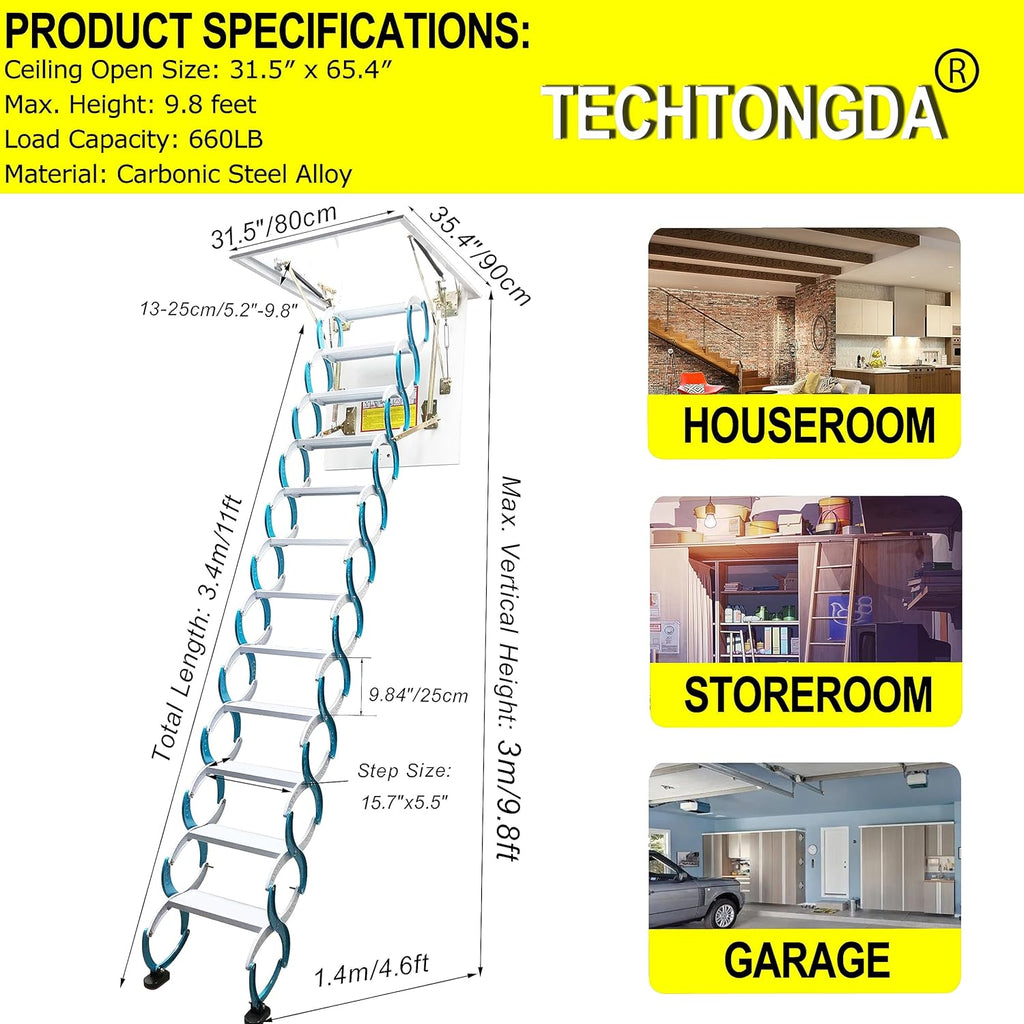 Attic Ladder 12 Steps Pull Down Folding Extension Loft Stair, Carbon Steel, 31.5 x 35.4 Inch, 9.8ft Height S63713