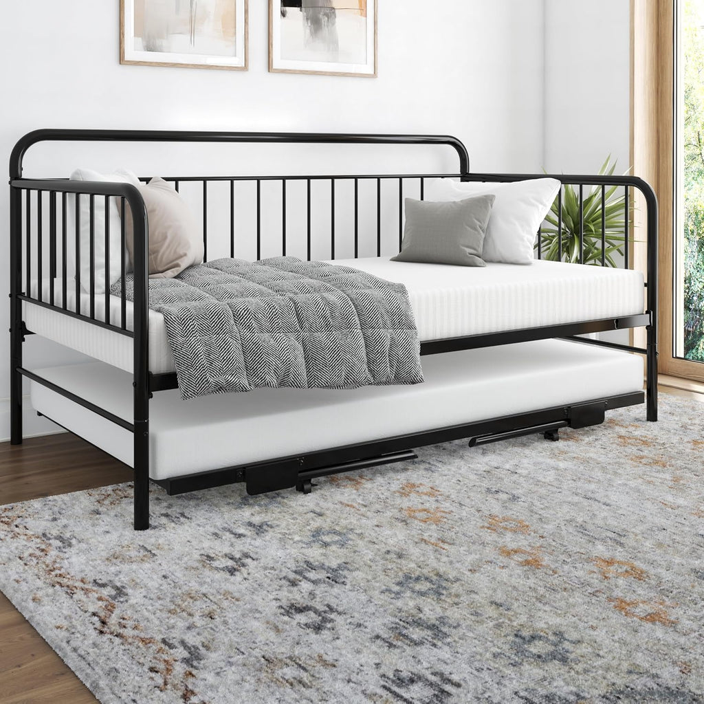 Black Metal Twin Daybed with Pop Up Trundle Bed B2797