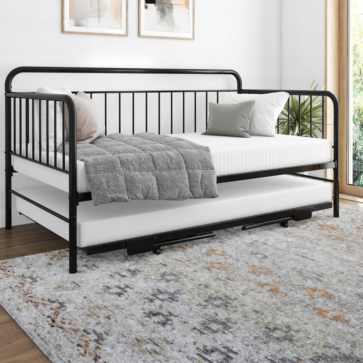 Black Metal Twin Daybed with Pop Up Trundle Bed B2797