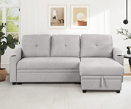 80.3" Linen Fabric 3 Seater Sofa Bed with Storage Chaise B9877