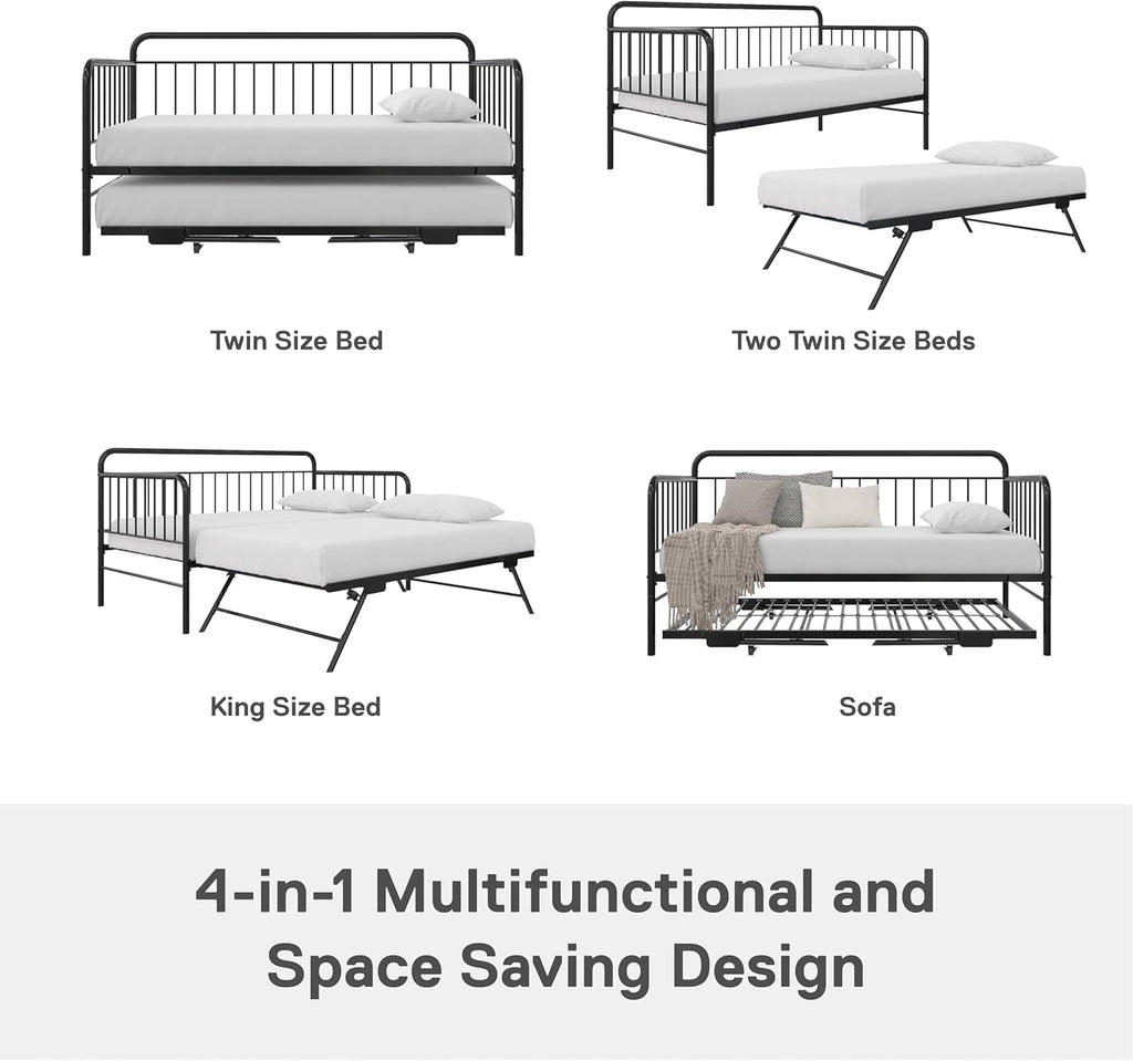 Black Metal Twin Daybed with Pop Up Trundle Bed B2797