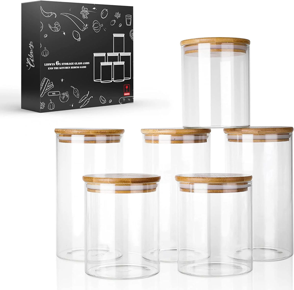 Set of 6 Airtight Borosilicate Glass Storage Jars with Bamboo Lids, 2 Sizes A592178