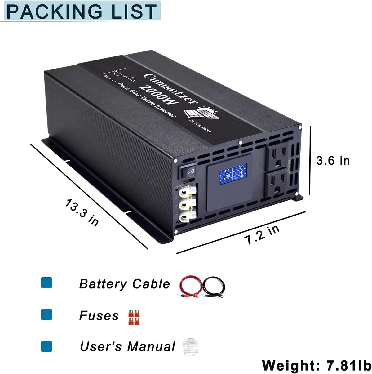 2000W 24V Pure Sine Wave Power Inverter with Dual US Outlet S7771