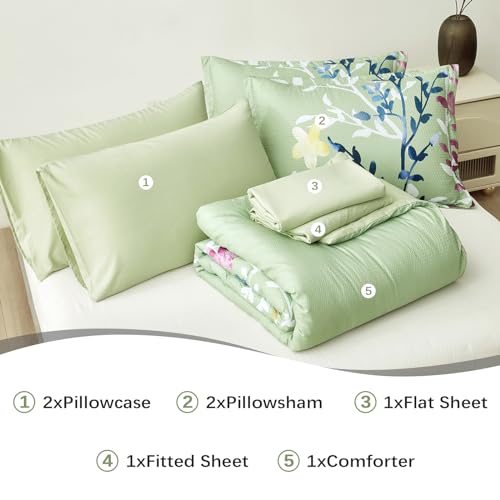Sage Green King Floral Comforter Set with Sheets and Pillowcases R339