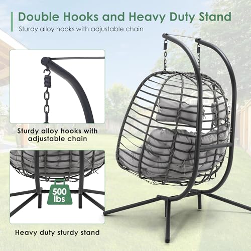 Double Egg Swing Chair with Stand, Hand Made Rattan Wicker, Metal Frame D7907