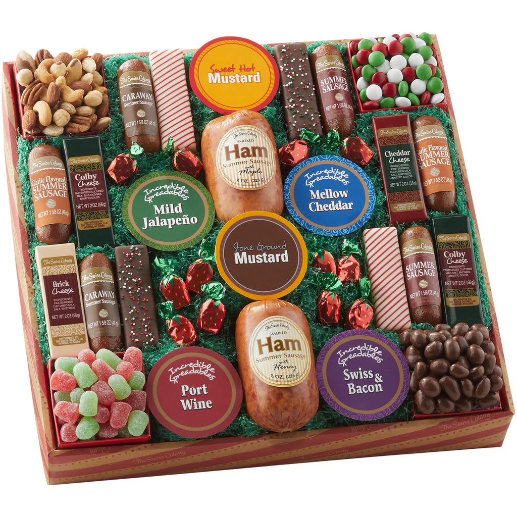 Assorted Holiday Treats with Ham Summer Sausages, Chocolates, Cheese Bars and Logs, and Candy U921562